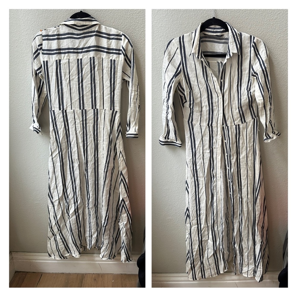 ZARA blue white striped linen blend shirt maxi dress womens XS missing belt ! - Picture 2 of 7